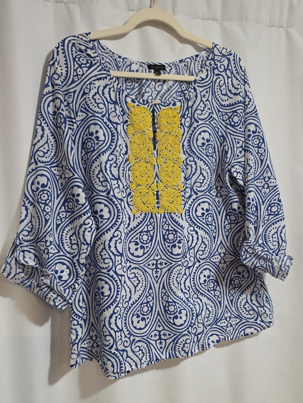 Talbots Blue and White Paisley Tunic with Yellow Embroidery